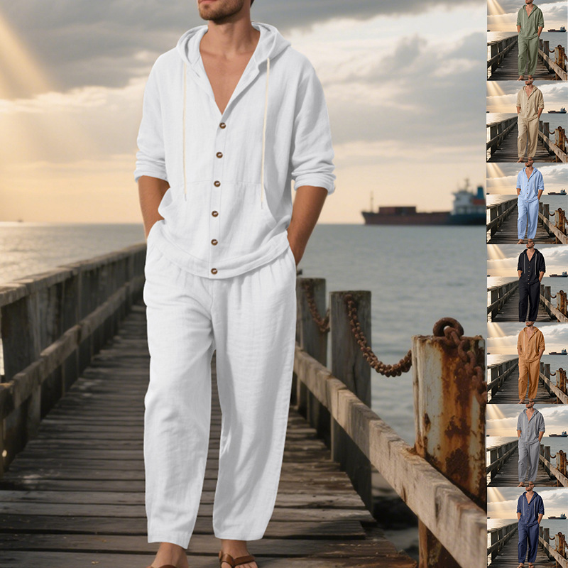 Mens Linen Shirt Long Sleeve - Conjunto Casual de Verano para Hombre,