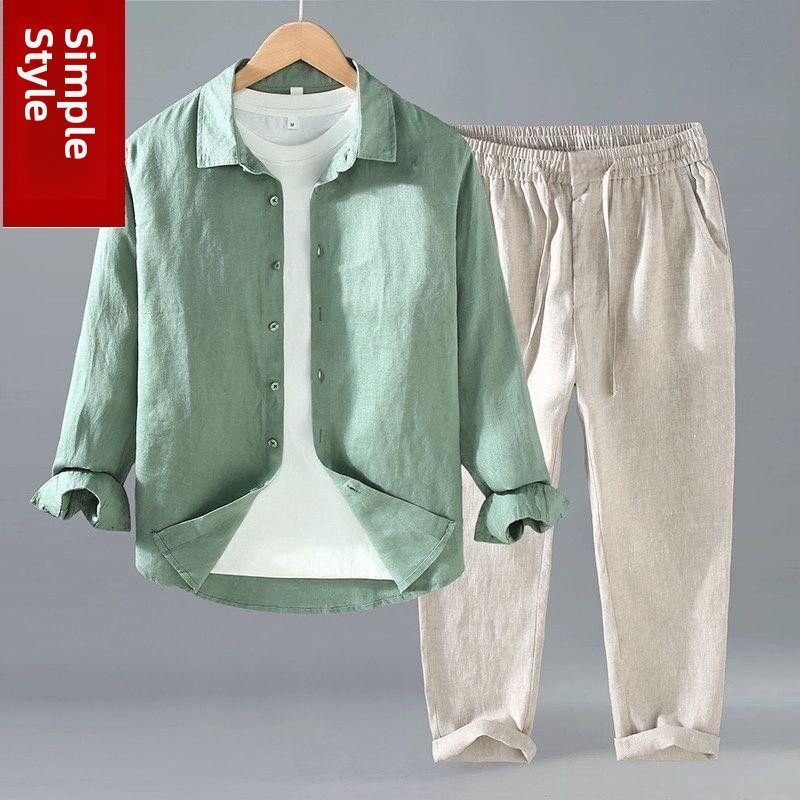 Mens Linen Shirt Long Sleeve - Conjunto de Dos Piezas de Camisa